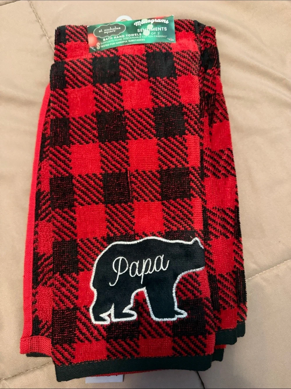 St. Nicholas Square Red and Black Buffalo Plaid Embroidered Hand Towel
